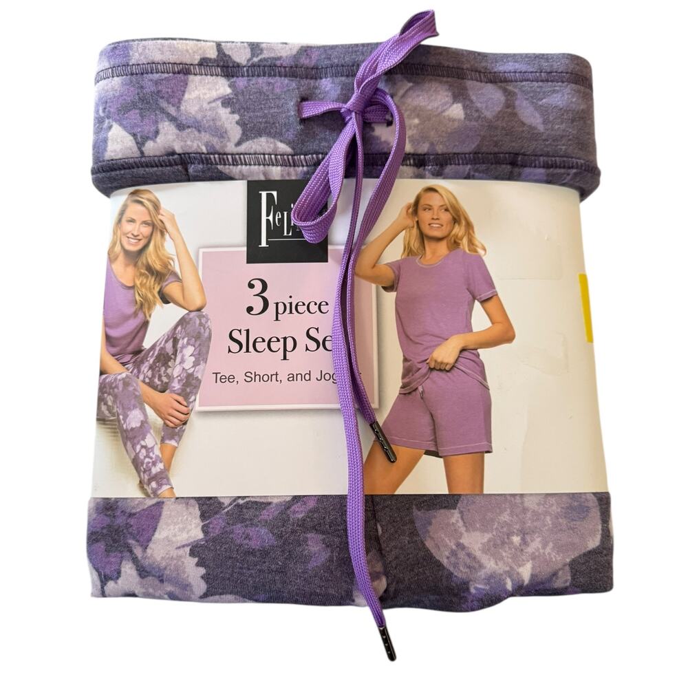 Felina Purple 3 Piece Shirt Shorts Jogger Pajama Set Size Small